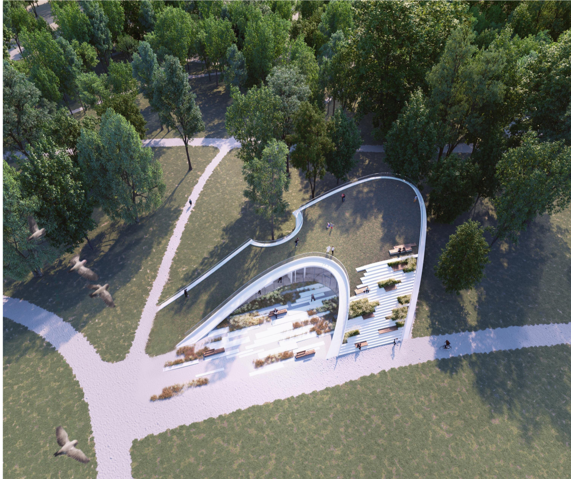 Aerial view of the curving pavilion roof with benches and planted areas nestled among mature trees
