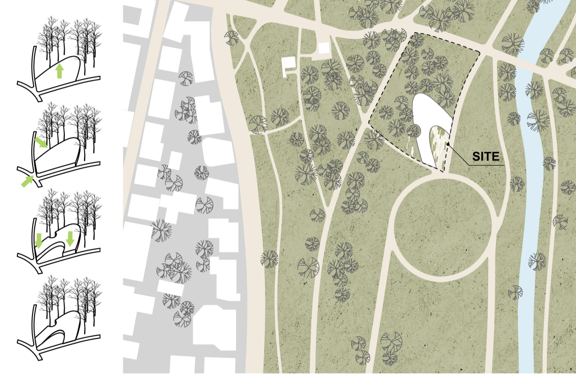 Site plan drawing showing the pavilion location within a park with pathways and tree canopies