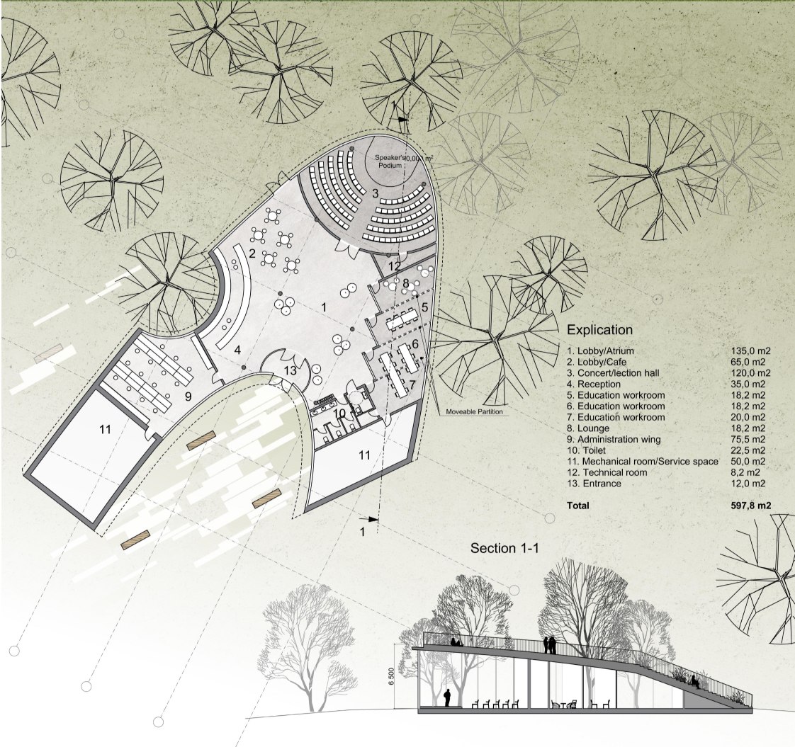 Floor plan and section drawing illustrating the curved interior spaces and sloped roof profile