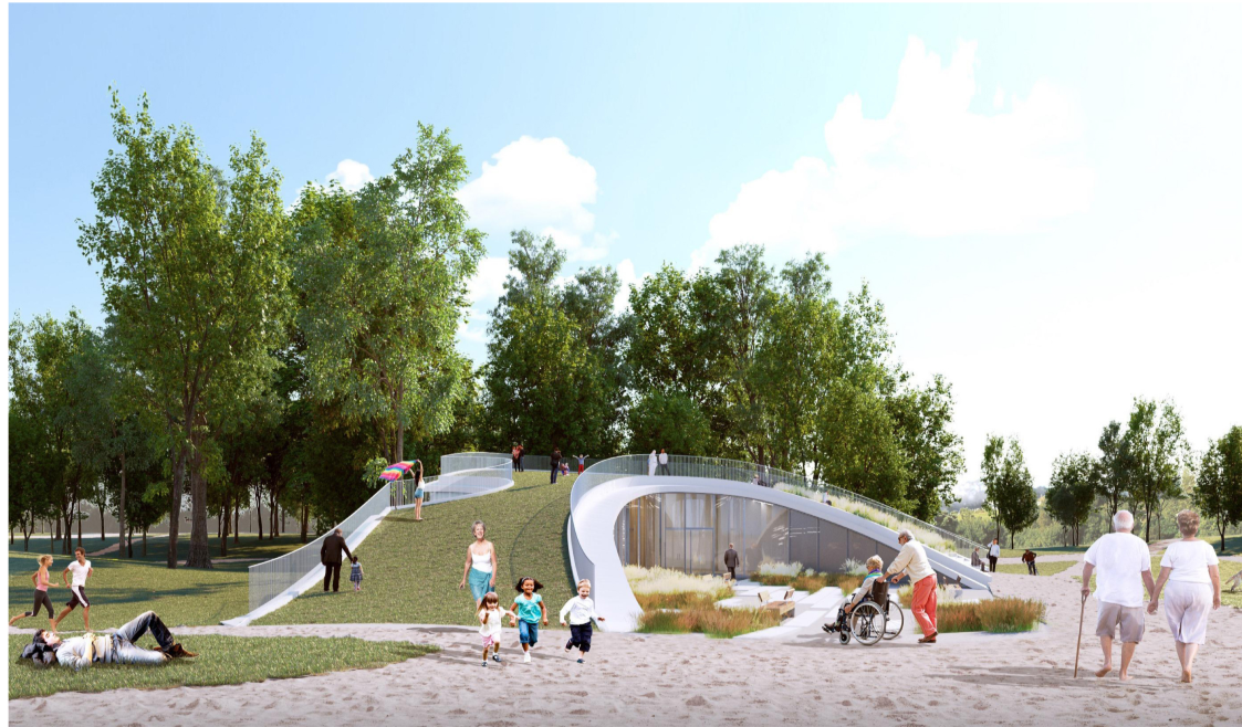 View of the grass-covered roof with ramps and visitors including children and a person in a wheelchair