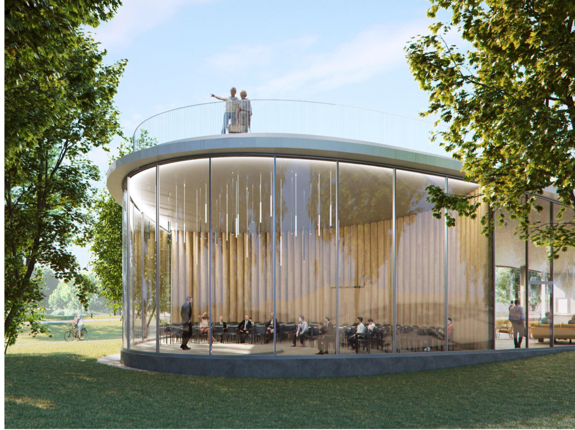 Circular glass pavilion with rooftop viewing platform and suspended lighting fixtures above seated visitors