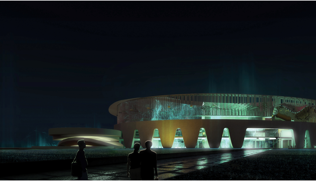 The glowing library at dusk, emphasizing transparency and public access.