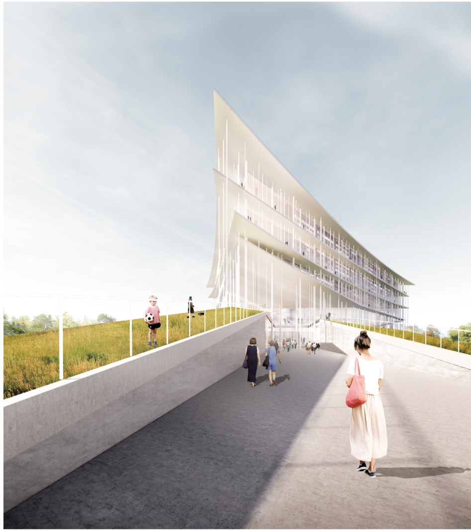 Visitors approach the library along a pathway that seamlessly blends architecture with landscape.