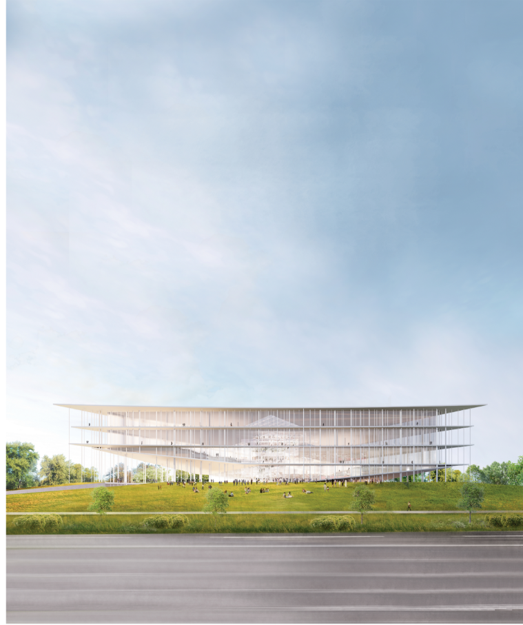 A striking triangular form emerges from the earth, inviting community engagement with nature and knowledge.