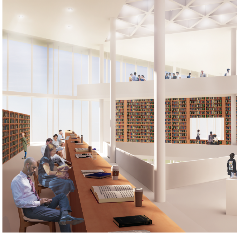 A warm, light-filled space fosters focused study and quiet reflection beneath a soaring ceiling.