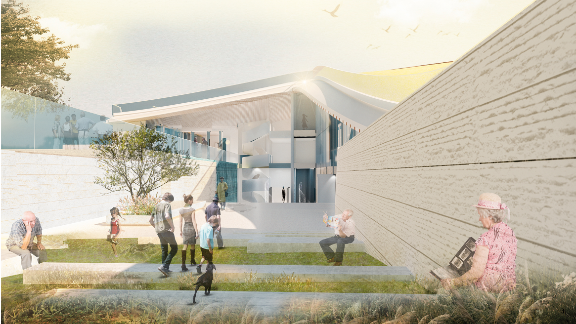 Community steps and garden courtyard designed for intergenerational connection.