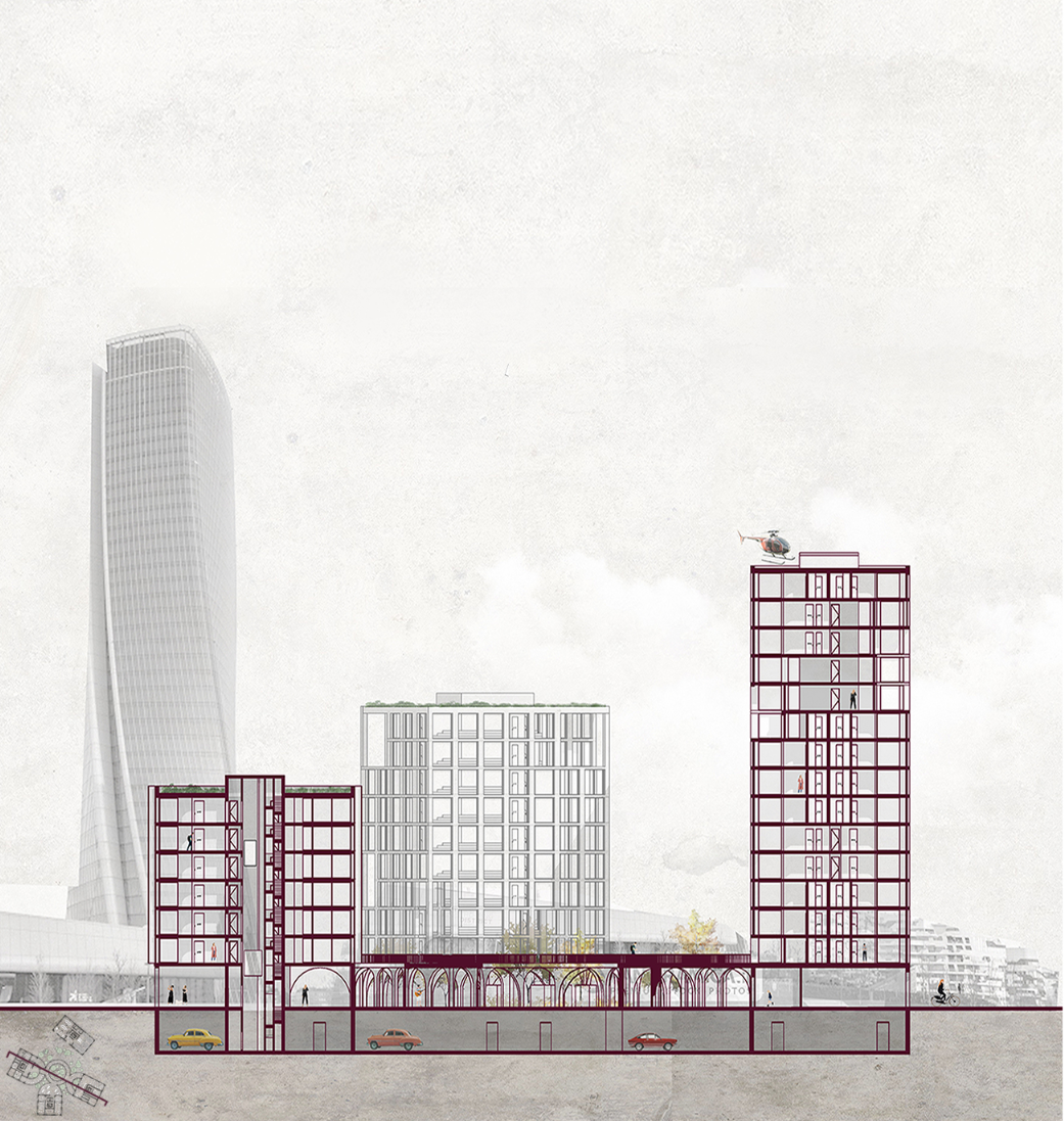 Cross-section illustrating the height gradient and spatial layering of the towers within the Milan skyline.