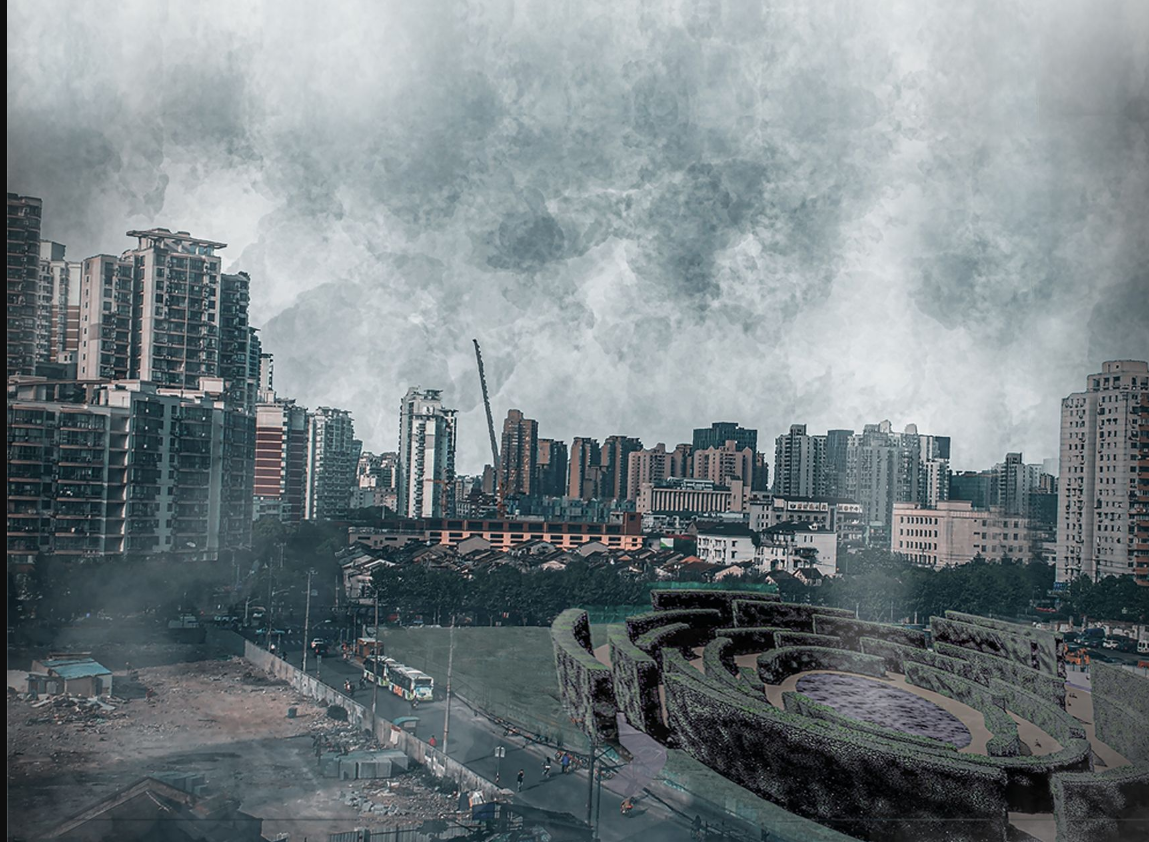 Aerial perspective showing how “In-Touch” nestles within the dense urban fabric, offering a green, contemplative core in the cityscape.