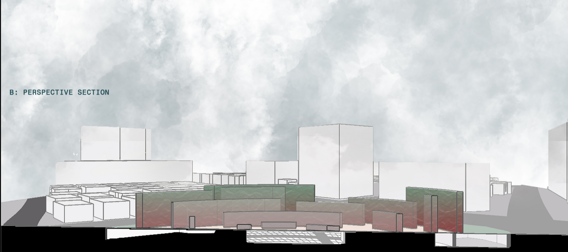 Sectional drawing revealing the spatial layers and immersive depth of the funerary architecture within its urban context.