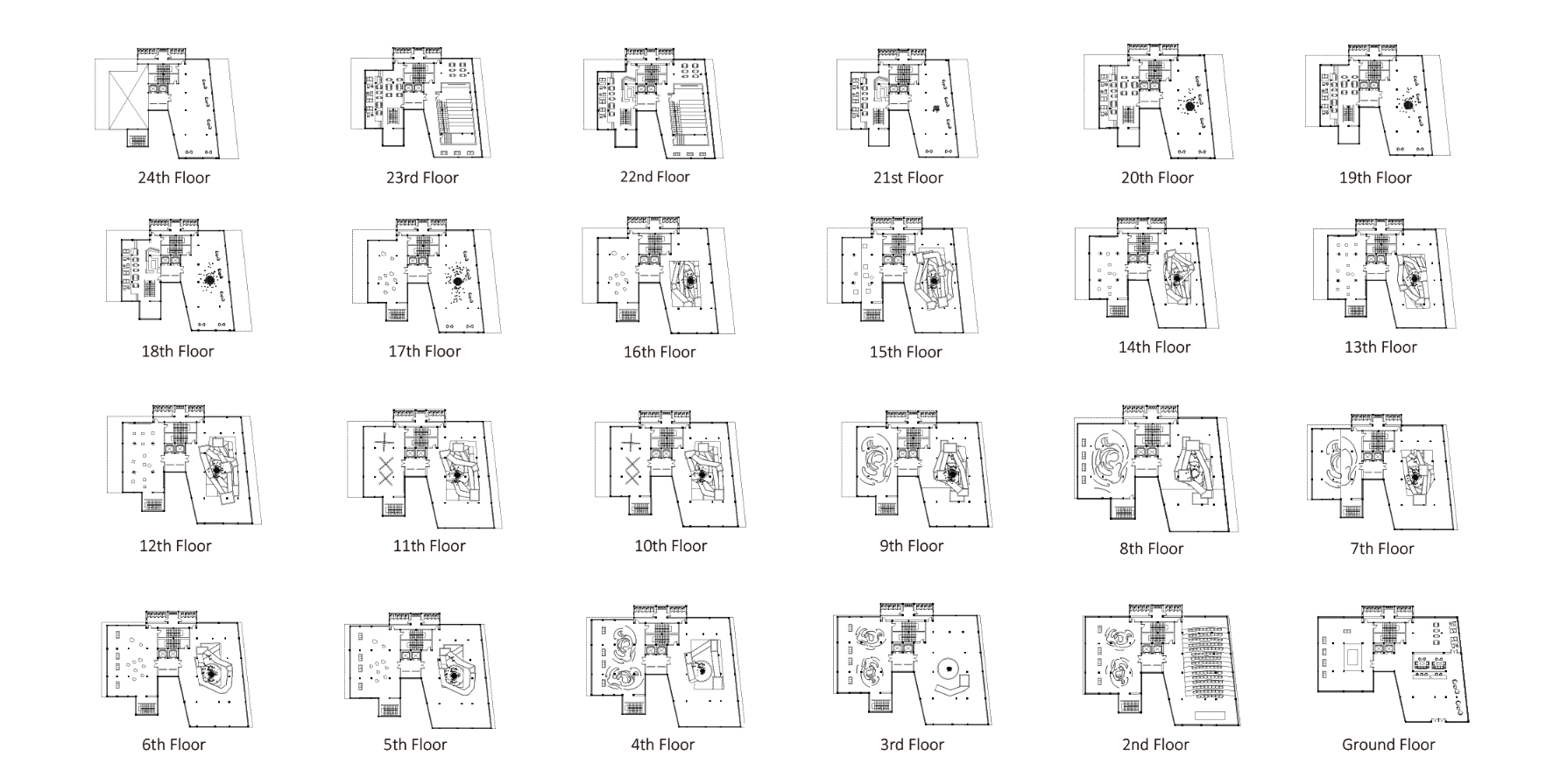 Floor plan drawing set showing twenty-four levels from ground to twenty-fourth floor