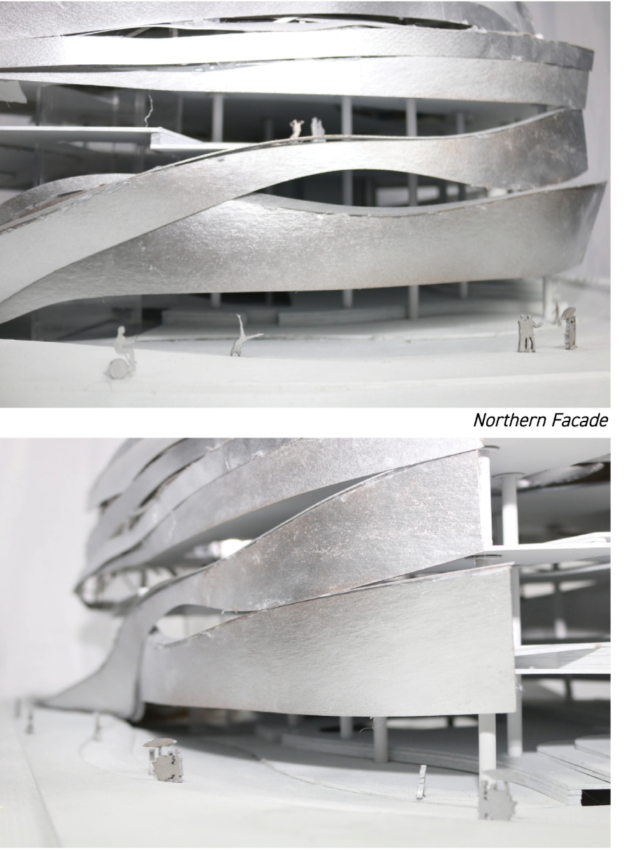 Model perspectives illustrating the sculpted ribbon-like facade and open ground-level flow.