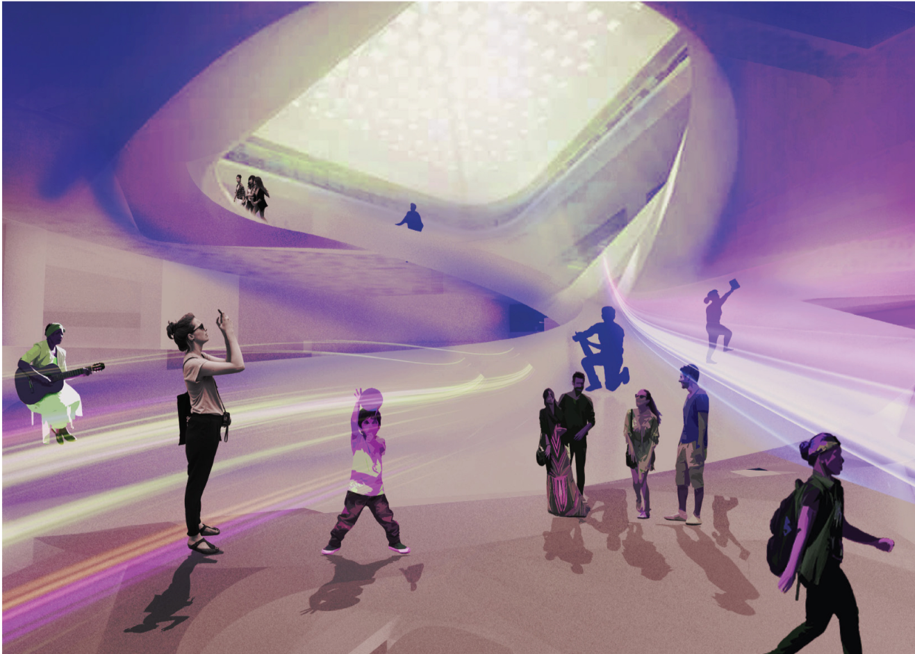 Vibrant concept render depicting user interaction in a futuristic, immersive environment.