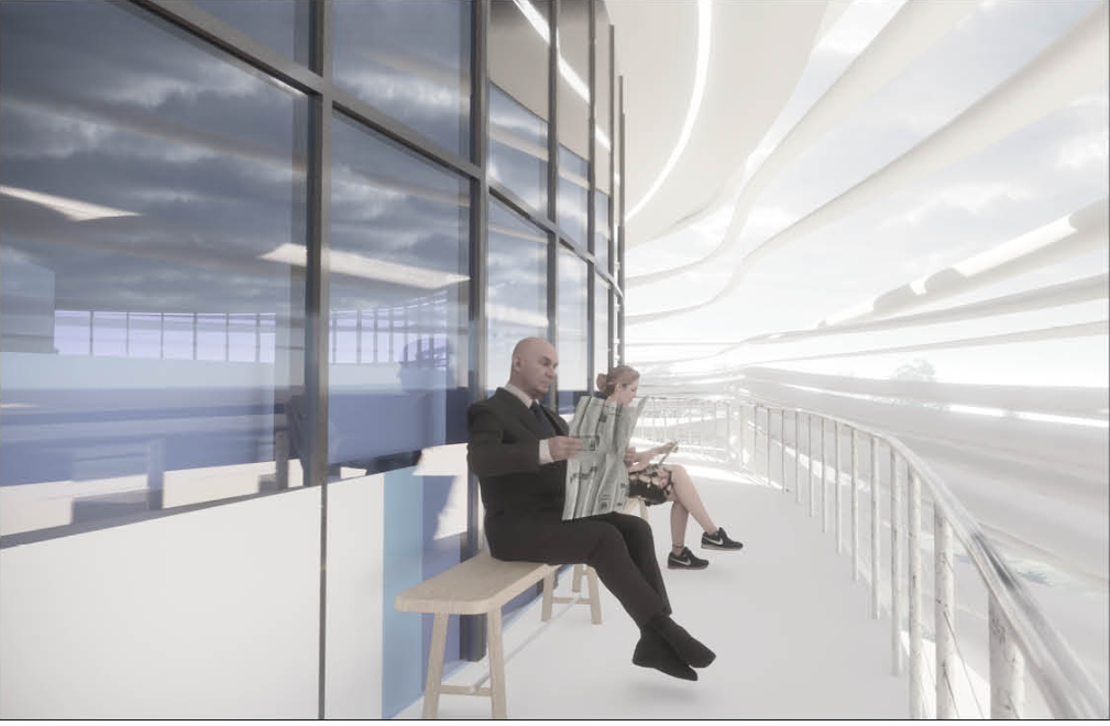 Glazed terrace seating area with metal railing and two figures reading in diffused afternoon light