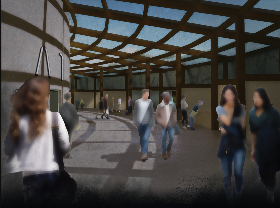 Rendering of an interior courtyard with timber grid canopy and visitors walking through dappled sunlight