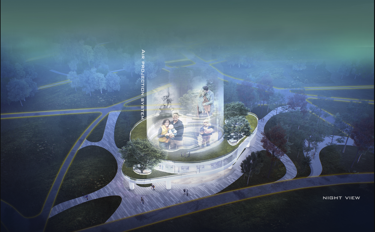 Aerial rendering of a circular pavilion with transparent walls and curved green roofs at dusk