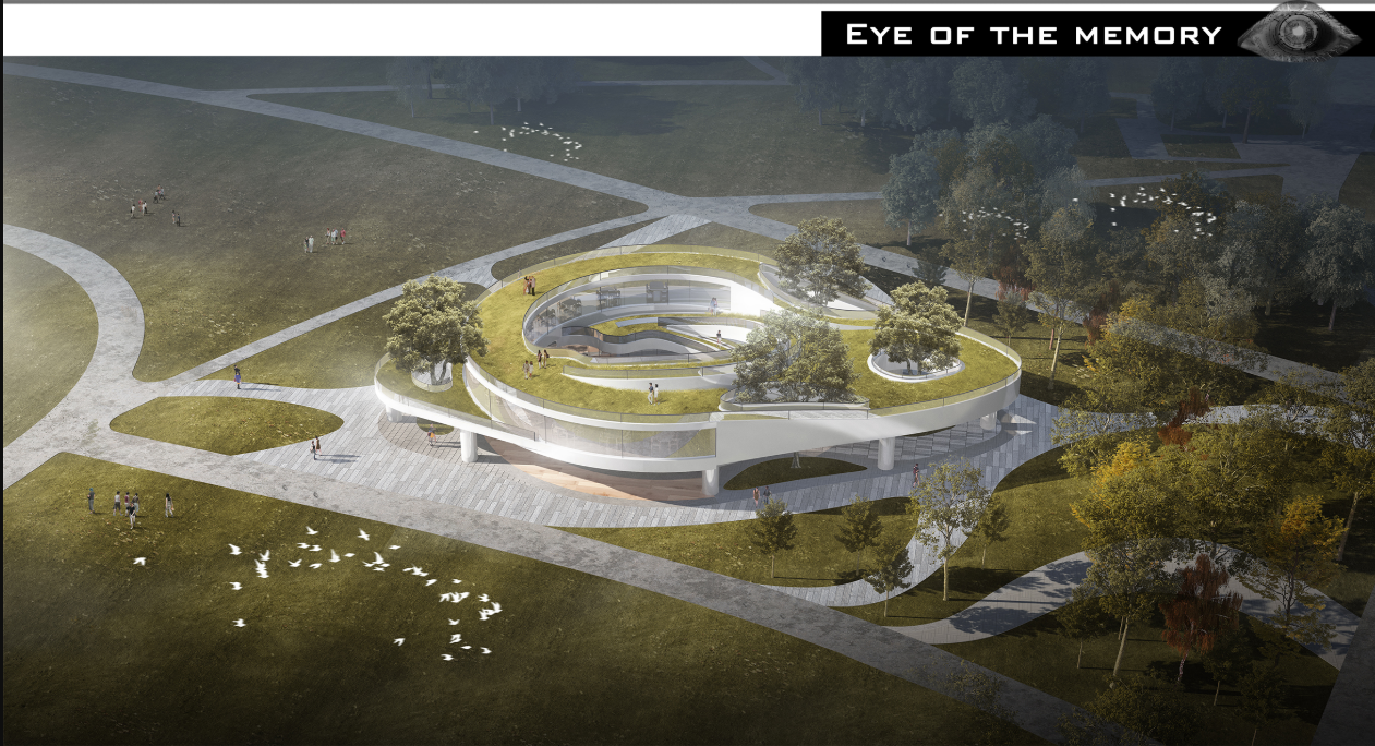 Aerial view rendering showing the tiered circular structure with planted roofs and surrounding pathways