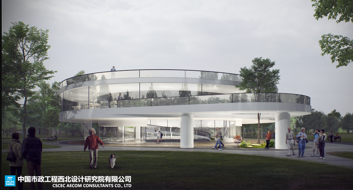 Street-level rendering of the two-story pavilion with glass facades and cylindrical columns amid trees