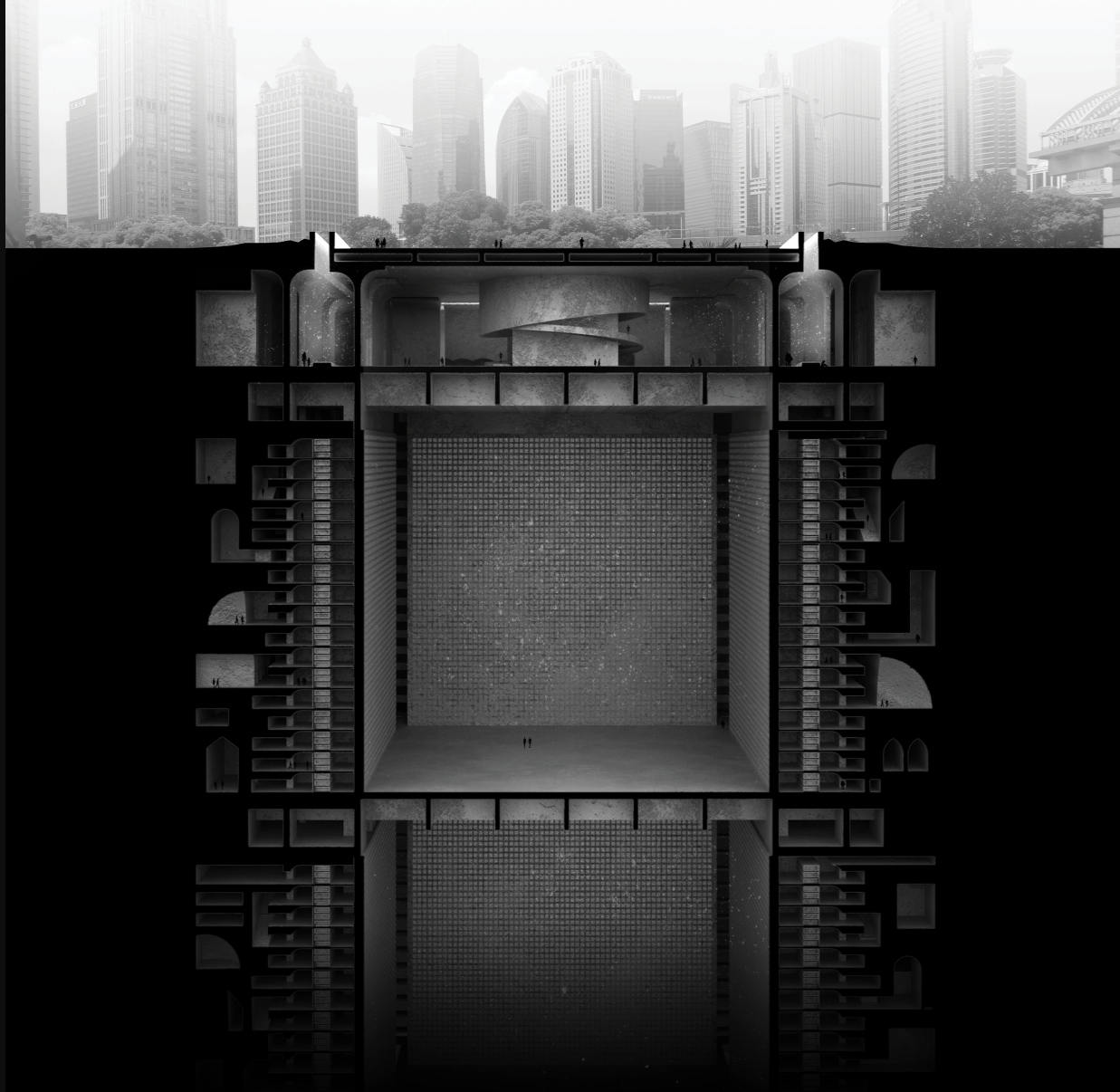 An immersive vertical cut revealing the layered depth of Epicurus — from civic life to eternal rest.