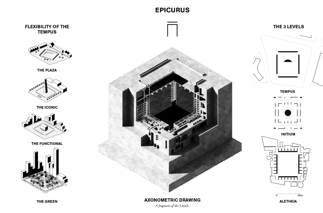 A serene urban plaza offering space for collective reflection and coexistence with the city.