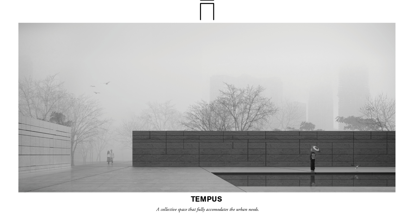 A serene urban plaza offering space for collective reflection and coexistence with the city.