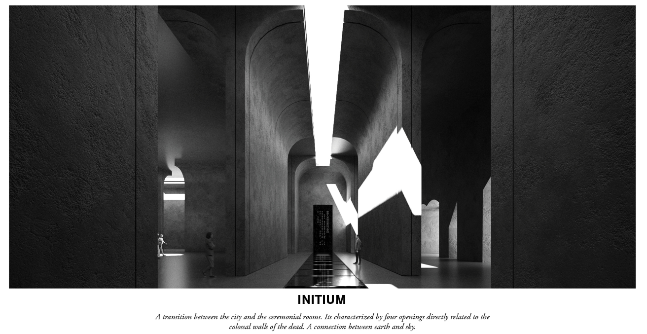 A sacred threshold space marking the passage from the city into the ceremonial depths below.