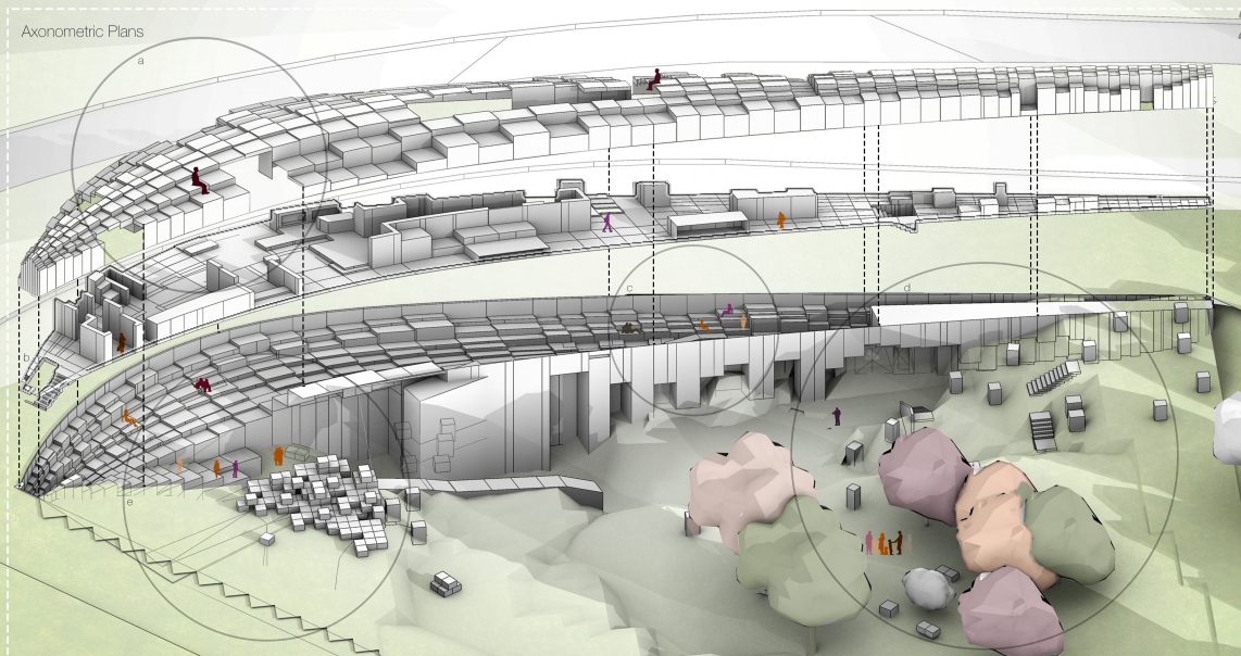 Programmatic layering of the library, illustrating key spatial zones—shell, self-education areas, cinema, green field junction, and modular units.