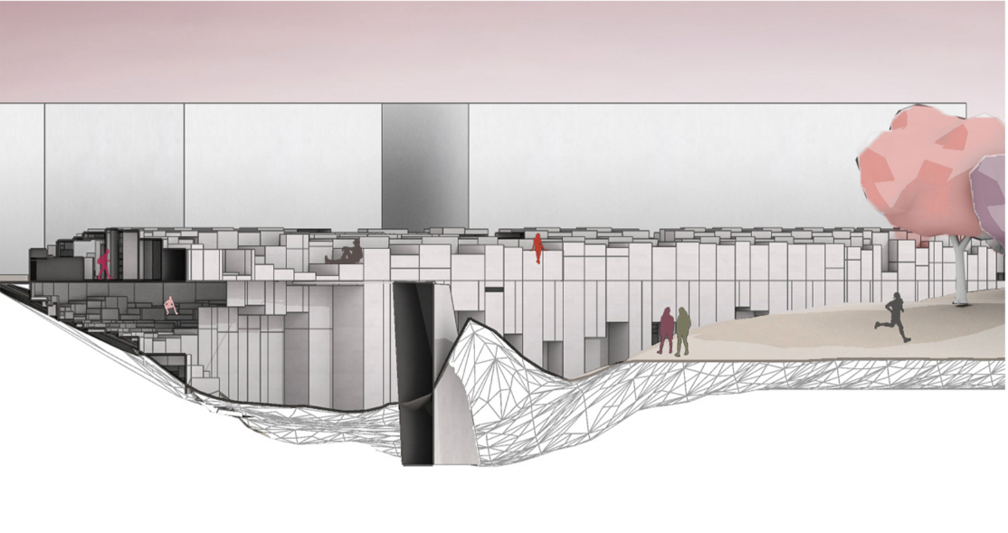 Detailed sectional perspective, showing spatial gradation between public green areas and introspective interior zones.