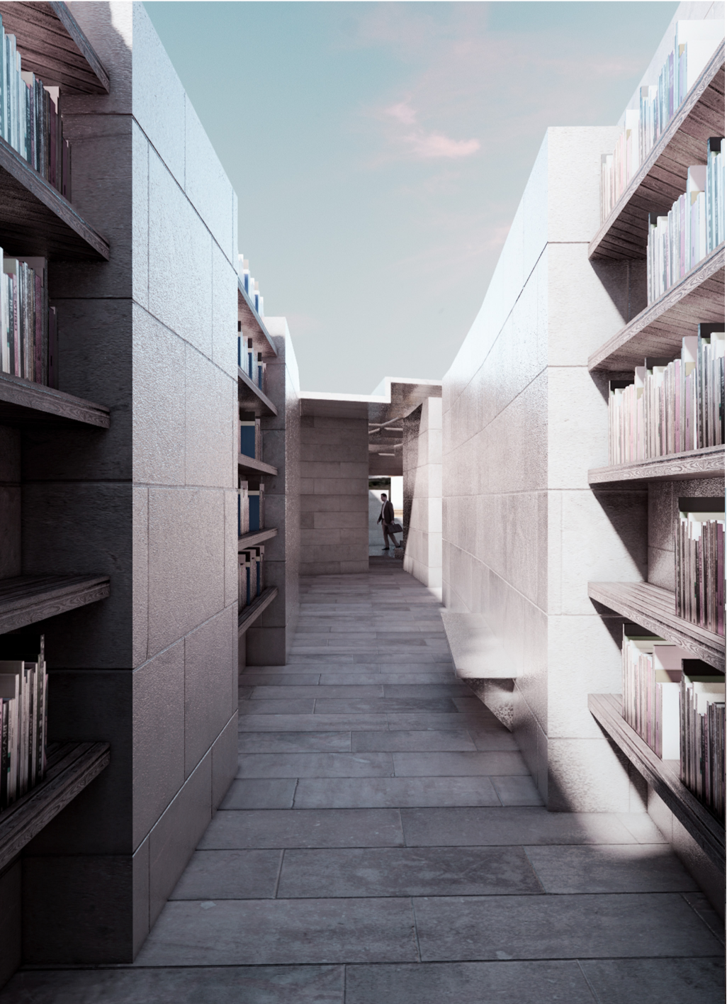 Interior library corridor, designed for quiet reflection and immersive exploration among books and filtered daylight.