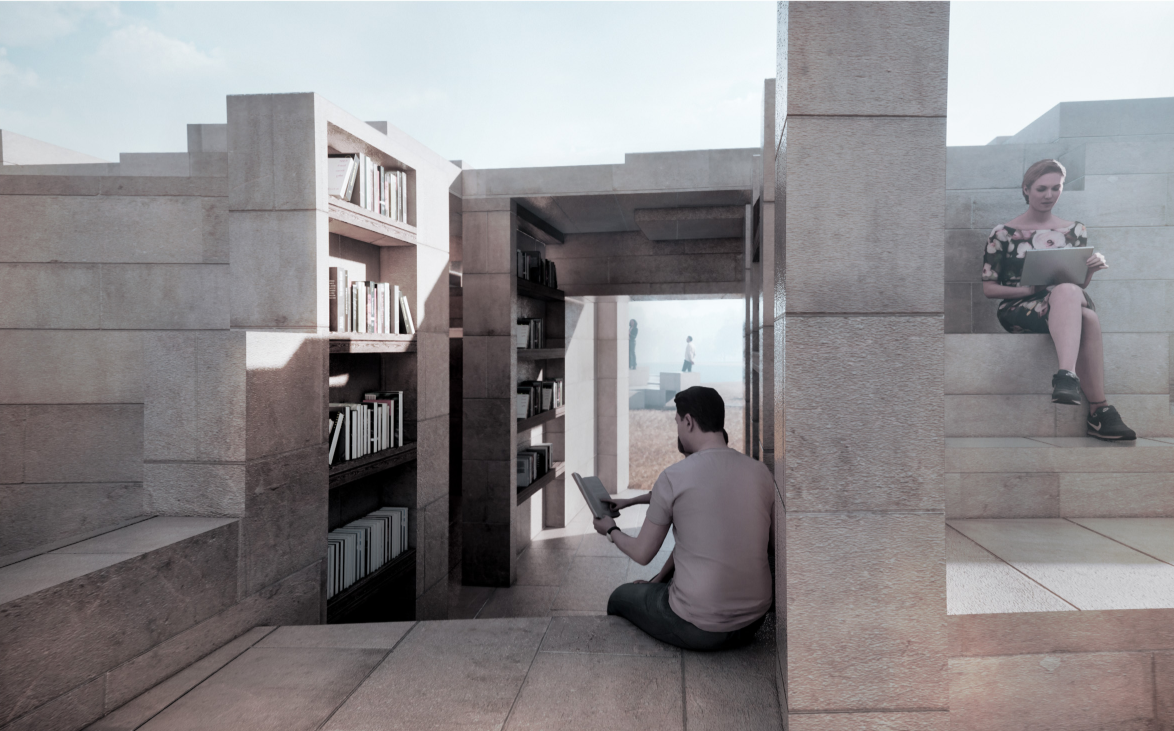 Individual reading niches, blending architecture with terrain to create intimate, flexible study environments.