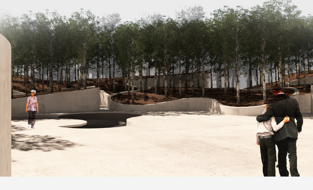 Curved concrete planters with birch trees and visitors standing on a paved plaza