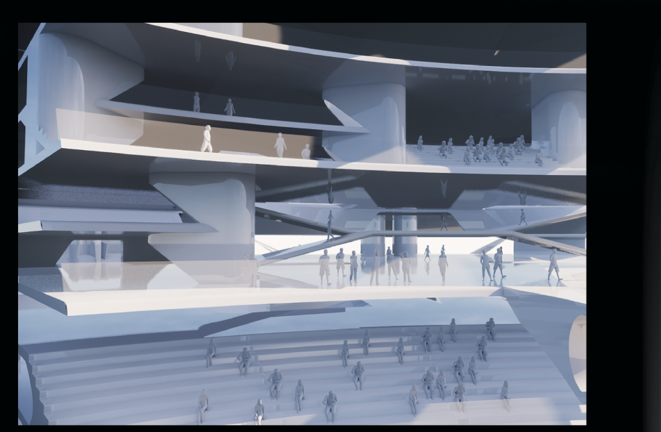 Multi-level circulation and immersive spatial engagement redefine how audiences interact with e-sports arenas.