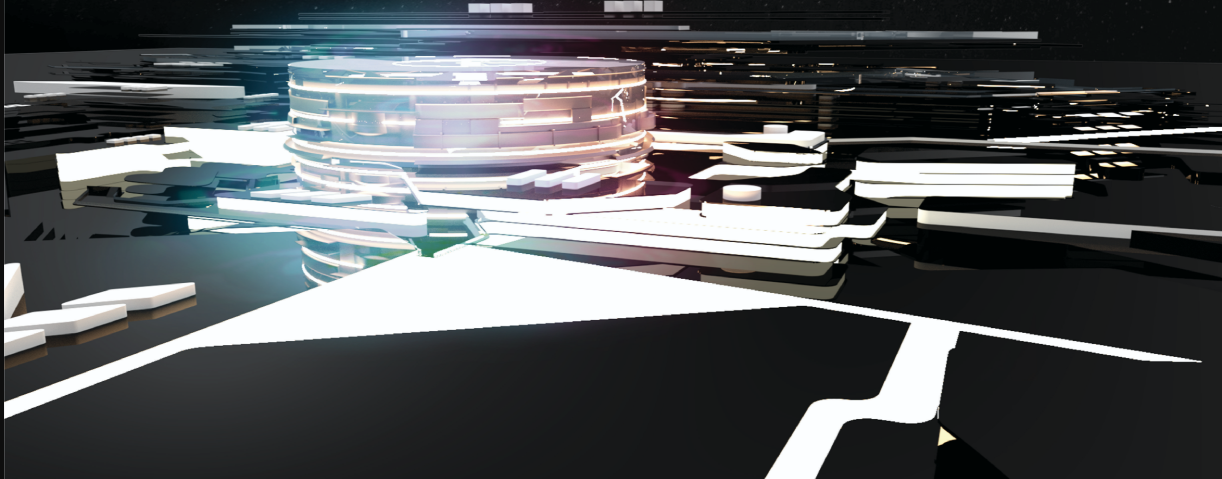 The smart arena sits at the heart of a futuristic cityscape, blending civic life with digital entertainment.