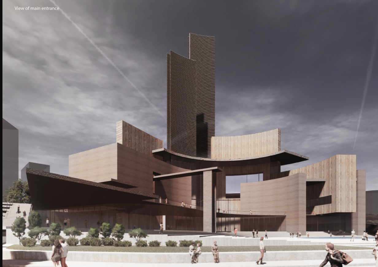 The monumental entrance reflects the integration of civic and sacred architecture within a dense urban fabric.