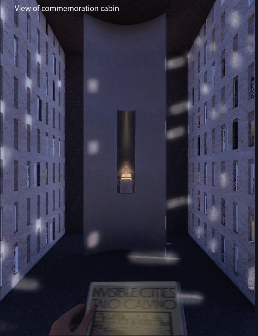 A solemn interior where personal memory meets architectural stillness—relating life stories through curated books.