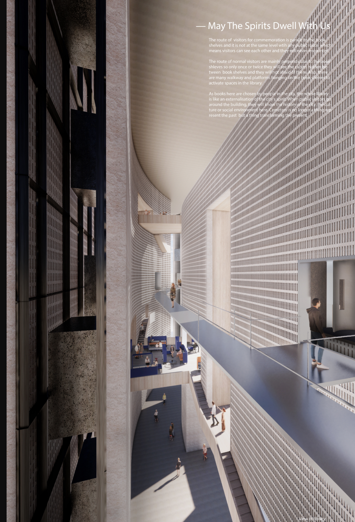 Multi-level platforms and walkways create a vertical narrative, blending daily public life with memorial journeys.