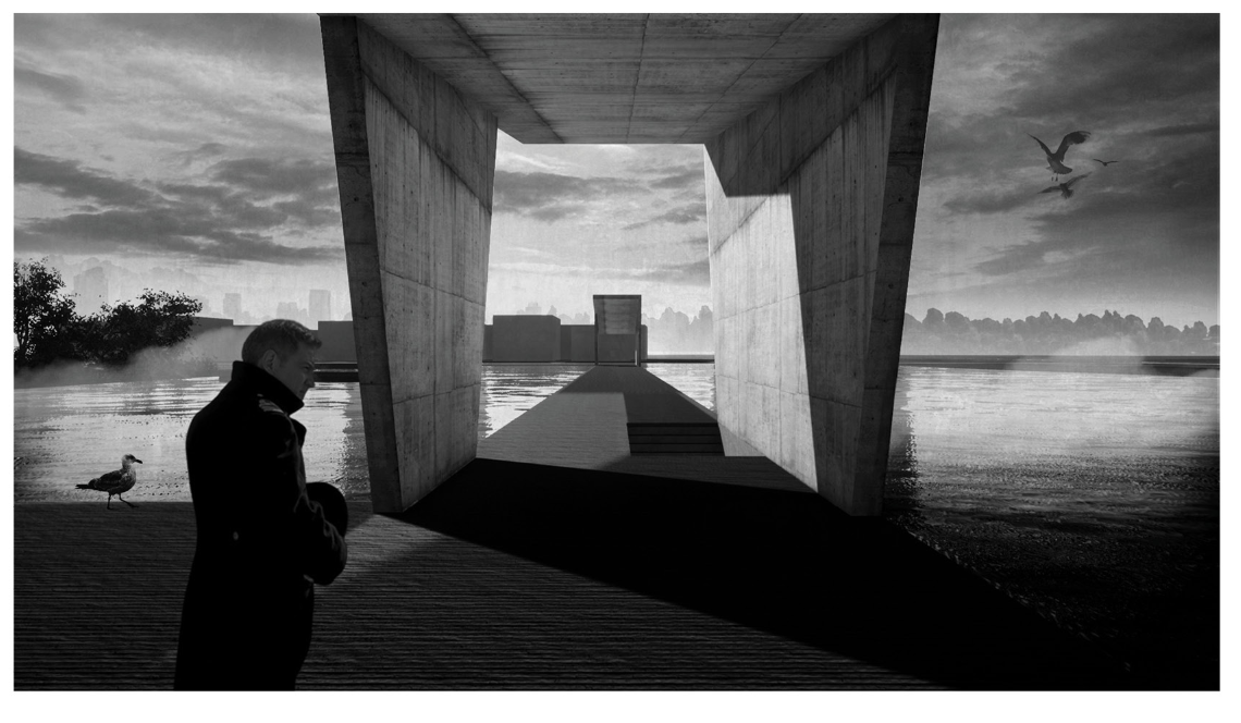 A solemn approach framed by minimalist concrete walls, guiding mourners into a realm of stillness and reflection.