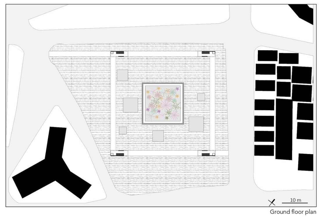 The layout showcases the spatial logic of the site, with a central planted square encircled by structured access paths.