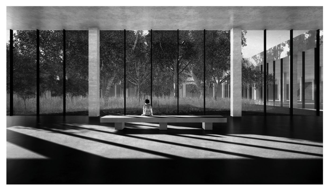 A solitary bench invites reflection beside the growing grove of memory, enclosed by expansive glazing and soft shadows.