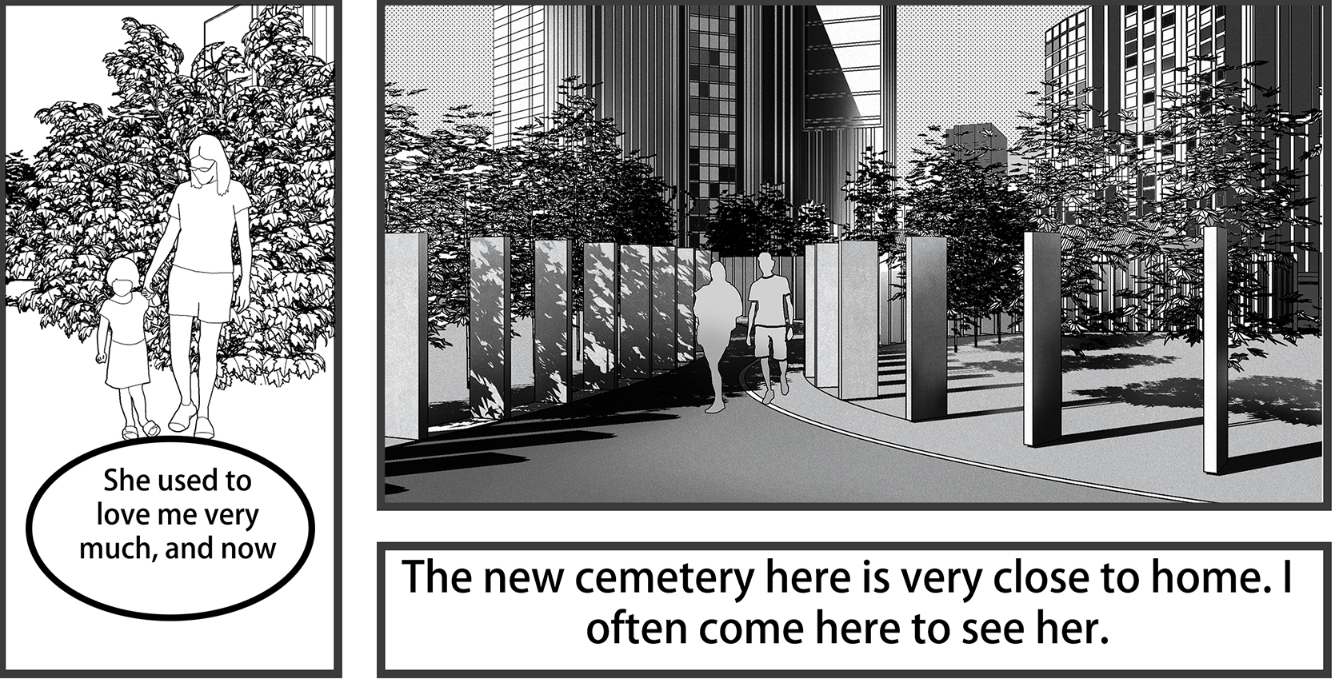Perspective drawing of a memorial courtyard with white walls and a tree-lined path flanked by towers