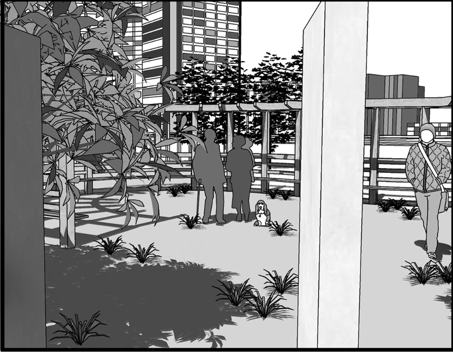 Memorial garden with planted beds and visitors beneath a horizontal structure backed by residential buildings
