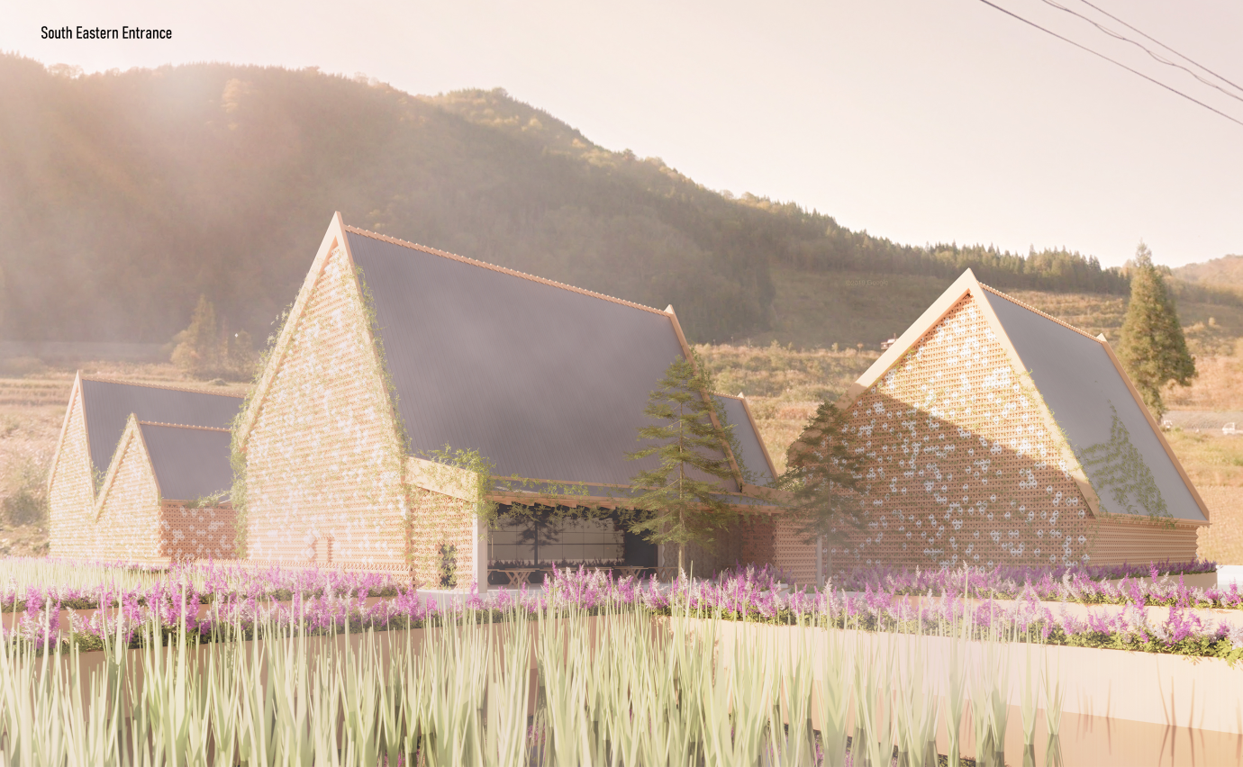 A contemporary gabled facade blends with vernacular motifs, marking the main access to the cultural complex.