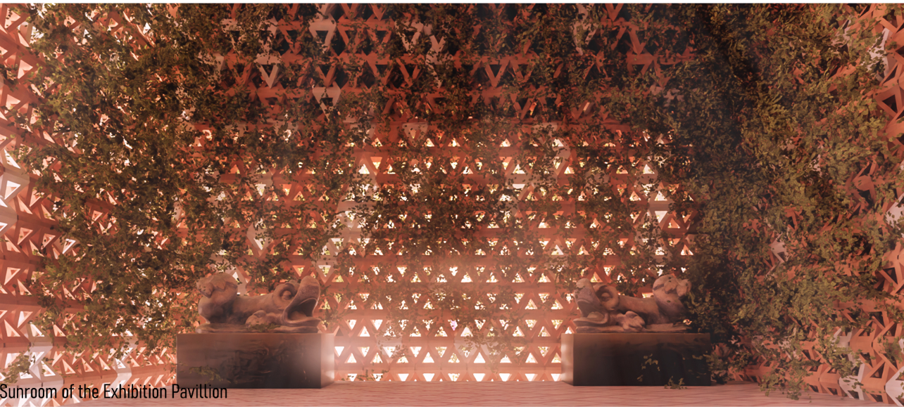 A lattice of triangular modules filters light and supports vegetation, creating a calm, immersive exhibition space.
