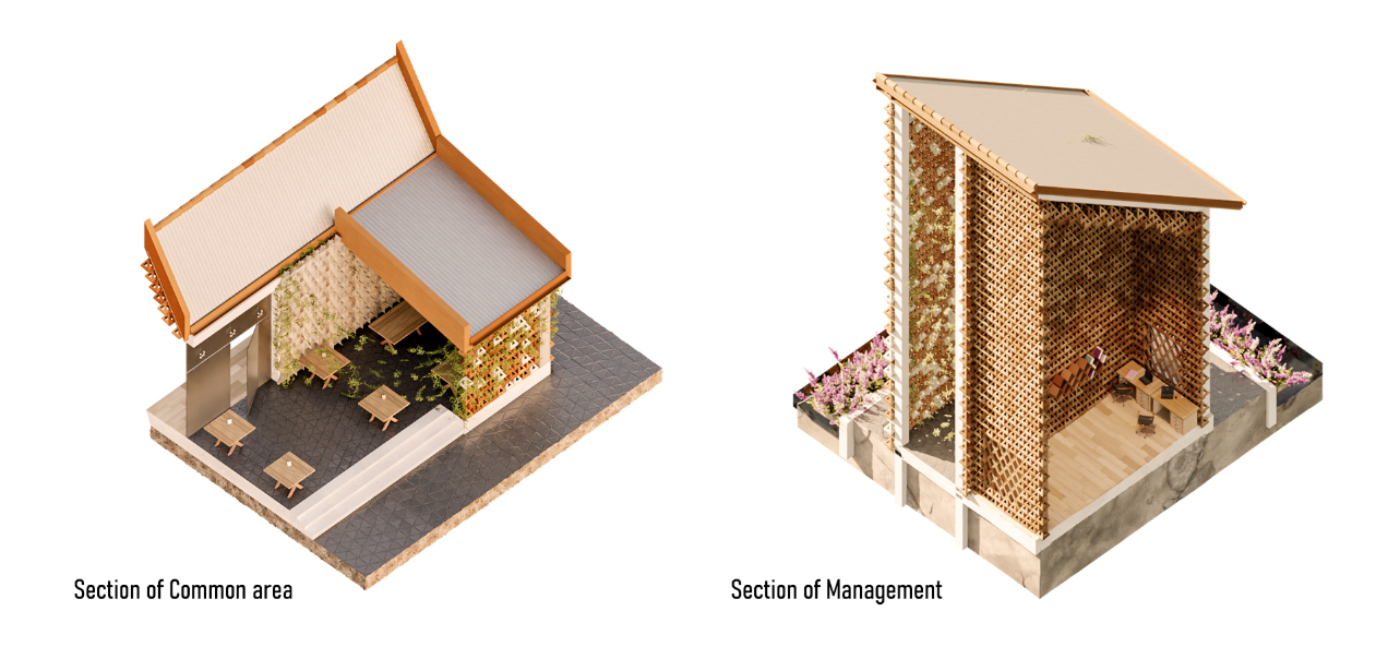 Axonometric views highlight modular integration, where wooden tectonics shape communal and administrative zones.