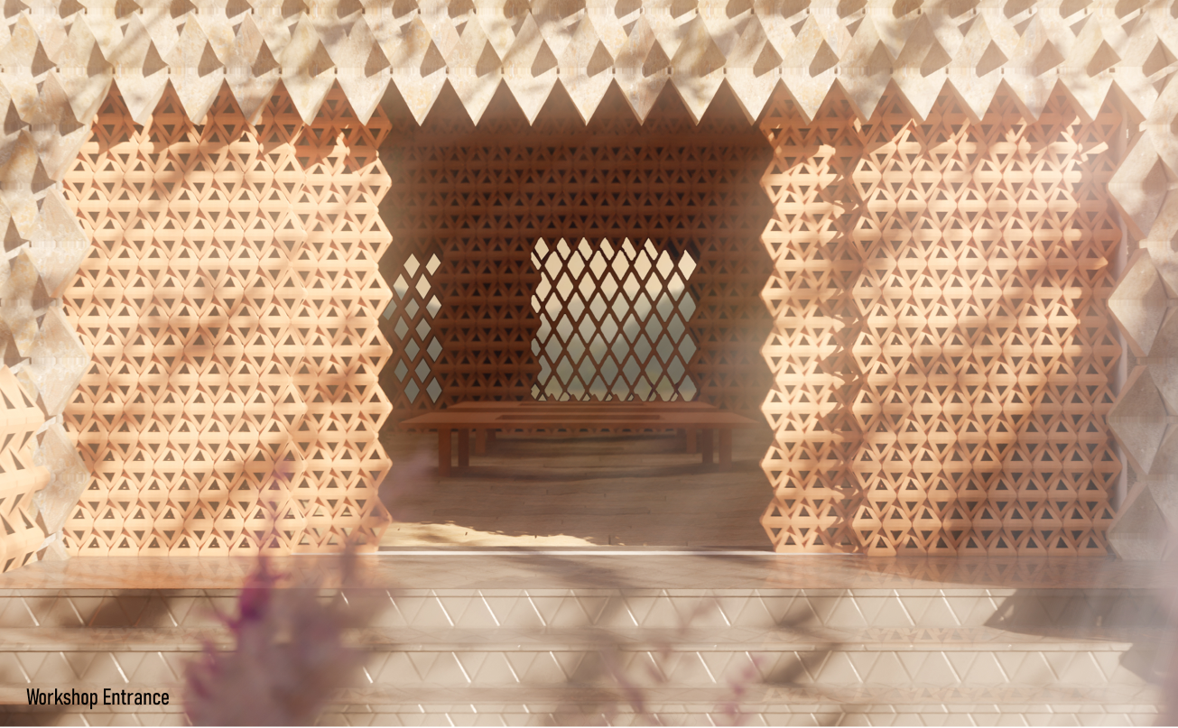Framed by interlocking modules, the workshop invites visitors to engage with local craftsmanship and materiality.
