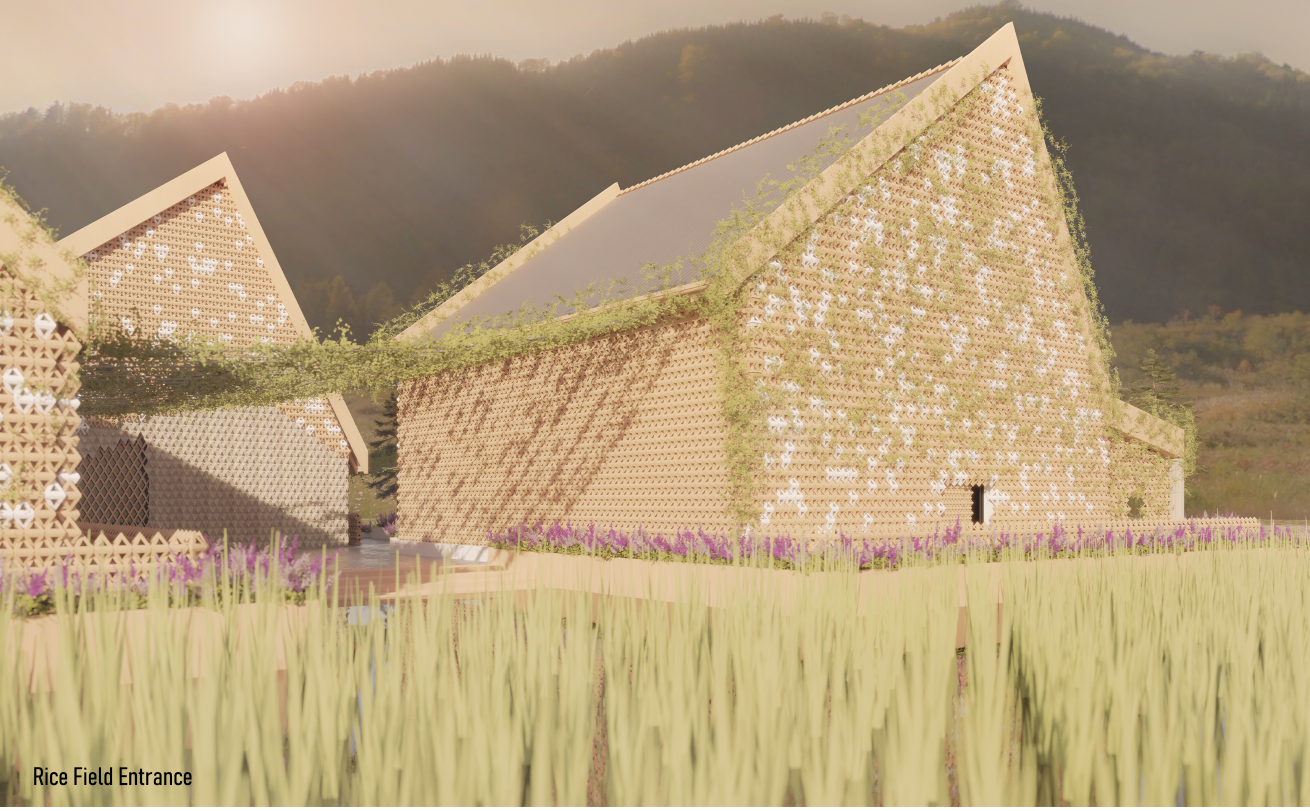 Designed to harmonize with its agrarian surroundings, this entrance connects the pavilions directly to the rice fields.