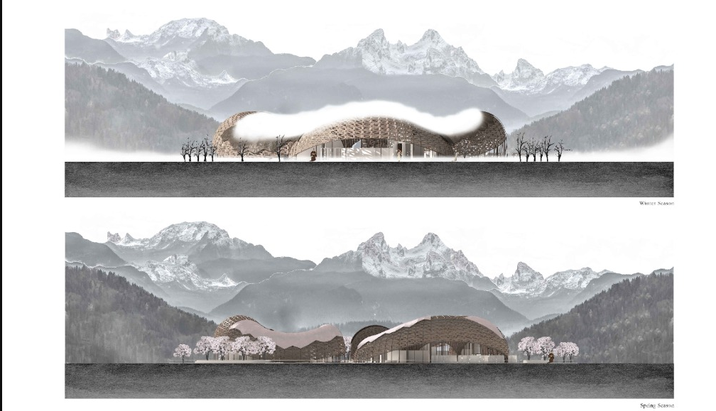 Seasonal transformation of the architectural skin—snow-laden forms in winter shift to Sakura-inspired pink in spring.