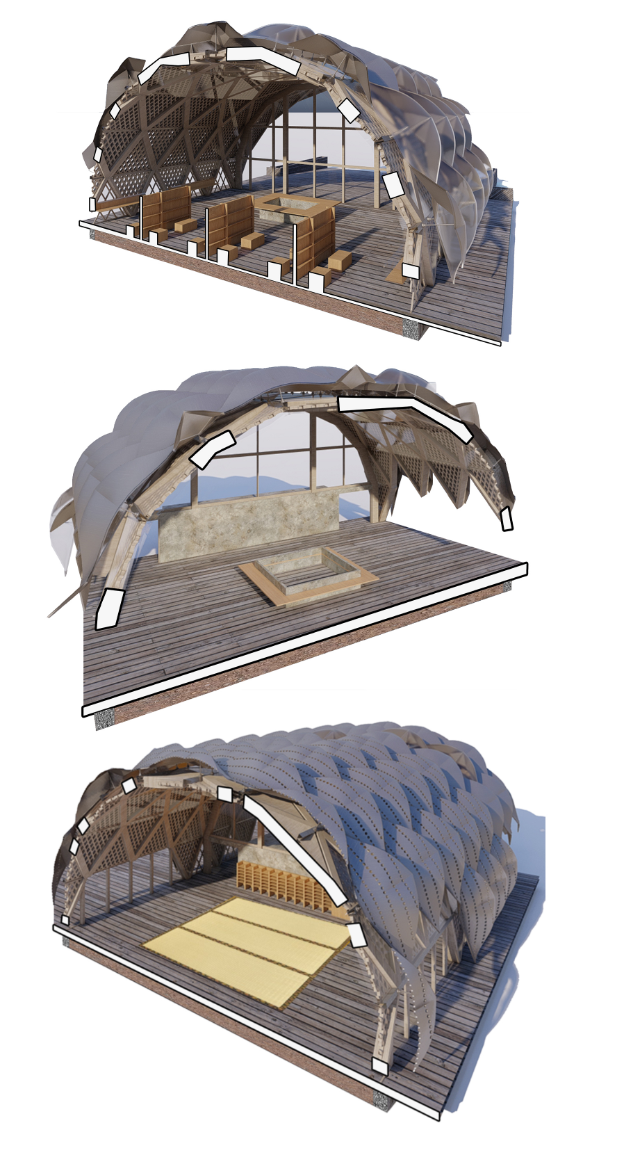 Sequential section perspectives reveal modular interiors shaped by vault geometry and crafted wooden screens.