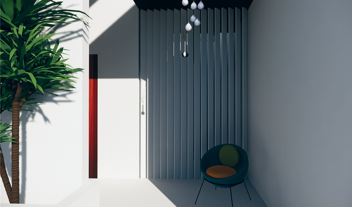 Balcony designed with vertical louvres for light control, ventilation, and visual privacy.