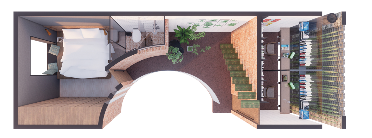 The parents' level with a tranquil bedroom, bathroom, indoor garden, and dual workspace for reading and reflection.