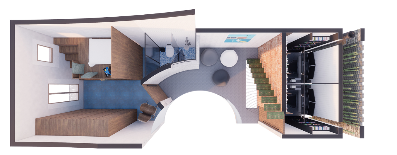 Daughters’ personalized space with elevated beds, compact study zones, and seamless connectivity to the central courtyard.